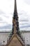 Notre Dame Spire, La Fleche, and lead clad wooden roofs before the fire. Angel statue, Apostles and Evangelists. Paris, France.