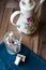 Nougat candy in a glass and tea, blue napkin