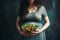 Nourished Pregnant smiling woman bowl salad. Generate Ai