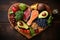 Nourishing diet choice, healthy food on vintage boards heart, cholesterol concept