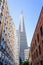 Nov 17, 2019 San Francisco / CA / USA - Transamerica Pyramid rising at the end of a narrow street with old fashioned office
