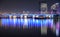 Nov 5 2020. Beautiful night view of the illuminated business bay bridge across the water with reflections surrounded by the