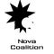 Nova coalition text in black with two black stars and white circle logo on white background