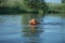 Nova Scotia Duck Tolling Retriever Dog plays in the water. Pet at the lake. Animal in nature