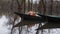 A Nova Scotia Duck Tolling Retriever dog rests in a boat on calm floodwaters.