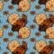 Novel seamless endless pattern with cinnamon sticks, stars anise and orange slices on blue background. Perfect for wallpaper, gift