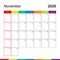 November 2020 colorful wall calendar, week starts on Sunday