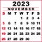 November 2023 Calendar illustration. The week starts on Sunday. Calendar design in black and white colors, Sunday in red colors