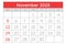 November 2023 calendar. Monthly planning for your business events. Vector