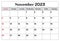 November 2023 calendar. Monthly planning for your business events. Vector