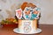 November 21, 2020 Zaporizhzhia Ukraine. Festive cake for a child decorated with cats, sweets and the number 5 for the birthday of