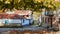 November 2nd 2019 - Kratero village, Greece - View to the central plaza of Kratero village, Florina, Greece, with a giant plane tr