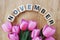 November alphabet letter wooden cube with space copy on wooden background and flower decoration