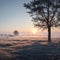 November dreamy frosty morning. Beautiful autumn misty cold sunrise landscape in blue tones. Fog and hoary frost at