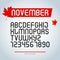 November font, set of stylized alphabet letters and numbers. , regular font type. stylish typeface design.