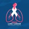 November, Lung cancer awareness month banner - white ribbon around Raised Hand and pink drawing line lung symbol on blue