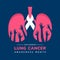 November, Lung cancer awareness month text and white ribbon around on pink lung symbol with hands up on blue background vector
