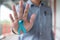 November Prostate Cancer Awareness month, Man in blue shirt with hand holding Blue Ribbon for supporting people living and illness