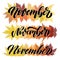 November, set of three script hand written compositions with decorative maple leaves elements. Hand drawn brush