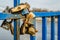 Novi Sad, Serbia - March 16, 2019: Locked padlock of love on a bridge in Novi Sad