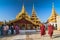 Novice Buddhist monks walking around the sacred Shwezigon Paya complex, one of Myanmar`s most revered pagodas, in Nyaung U, Bagan