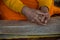 Novice monk at afternoon prayers with hands over sanskrit text