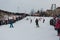 Novosibirsk, Russia - December 7, Young people descend on snowboarding, during the Olympic torch relay.