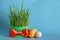 Novruz bayrami. Nowruz celebration. Wheat grass, spring flower, eggs on blue background, Copy space