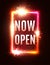Now Open neon letters. Glow lights rectangle frame