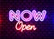 Now Open neon text vector design template. Now Open neon logo, light banner design element, night bright advertising, bright sign