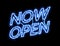 A Now Open Sign with Electric energy effect, with jumping currents. Black background for overlay blend. For online business or