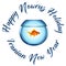 Nowruz greeting. Iranian new year. Aquarium with goldfish.