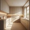nterior design of a kitchen, minimal style, beige and wood, Muji style, A kitchen adorned with clean lines and minimalistic