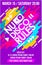 Nu Disco Rules music poster, music banner or flyer with cassette trendy colorful neon design cool elements & lettering composition