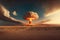 nuclear bomb detonation in desert, with mushroom cloud rising into the sky
