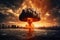 Nuclear explosion against the backdrop of a large city on the sea or ocean. Sunset. Apocalypse. War. Nuclear threat. Third World