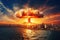 Nuclear explosion against the backdrop of a large city on the sea or ocean. Sunset. Apocalypse. War. Nuclear threat. Third World