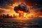 Nuclear explosion against the backdrop of a large city on the sea or ocean. Sunset. Apocalypse. War. Nuclear threat. Third World