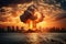 Nuclear explosion against the backdrop of a large city on the sea or ocean. Sunset. Apocalypse. War. Nuclear threat. Third World