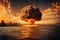 Nuclear explosion against the backdrop of a large city on the sea or ocean. Sunset. Apocalypse. War. Nuclear threat. Third World