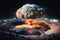 Nuclear explosion of atomic bomb with a radioactive mushroom on planet view from space. Concept of a global catastrophe Armageddon