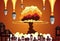 Nuclear explosion bright orange fiery mushroom cloud cap in city
