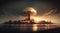 Nuclear explosion in city. Nuke bomb mushroom radioactive cloud. Generative AI