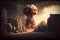 Nuclear explosion in the city, war, mushroom cloud. Destructions, dramatic apocalyptic scene, catastrophe. Bright flash. The image