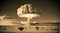 Nuclear explosion in the desert. Sepia colors. Nuke bomb mushroom radioactive cloud. Generative AI