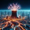Nuclear power plant with lightning in the forest. 3D rendering, generative ai