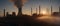 Nuclear power plant with smoke and sunset. Highly detailed and realistic concept design illustration