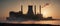 Nuclear power plant with smoke and sunset. Highly detailed and realistic concept design illustration