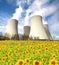 Nuclear power plant Temelin with sunflower field, Czech Republic