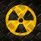 Nuclear radioactive ionizing radiation round yellow black danger symbol painted massive steel checker metal diamond plate wall